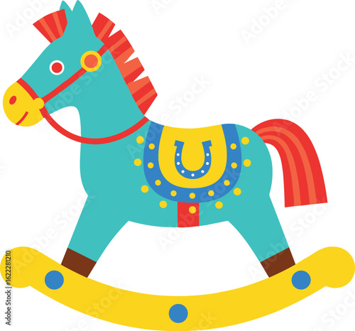 Cartoon rocking horse, colorful toy, kids illustration, playful design, nursery decor, wooden horse, fun character, children’s room art, vector file