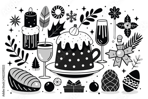 Festive holiday illustration in black and white depicting christmas and easter elements for seasonal celebrations