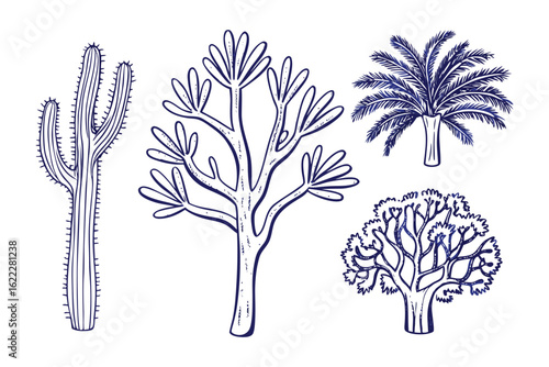 Desert Flora Sketch: A detailed sketch of various desert plant life, highlighting the intricate forms of iconic cacti, and unique desert trees in a clean, artistic style.