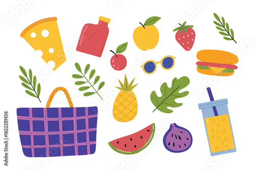 Summer Picnic Delights: An assortment of inviting food and drink items laid out with a picnic basket, evoking warmth and the joys of outdoor leisure in summer.