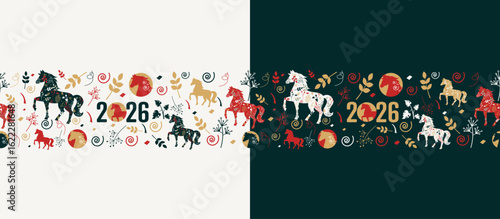 Happy Chinese New Year seamless pattern set. 2026 Year of the Horse.	