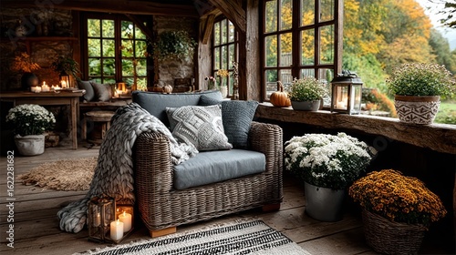 Cozy autumnal room with wicker armchair
