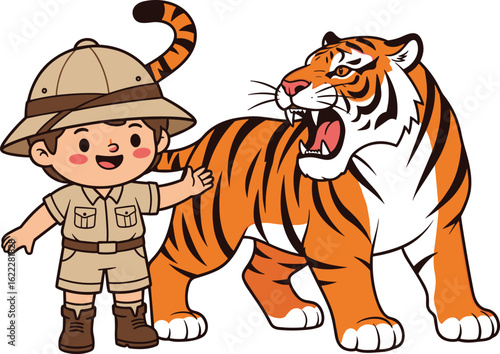 Cute cartoon explorer child, safari hat, standing beside roaring tiger, jungle background, wildlife adventure illustration, fun educational character design