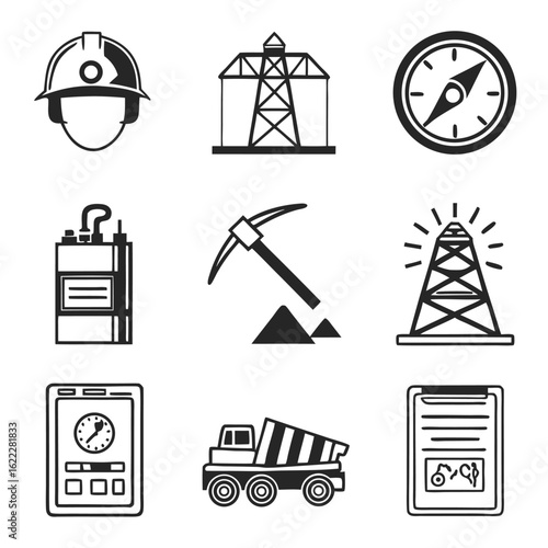 Icon Set Vector of Mining and Construction Elements featuring Minimalist Style in Black and White
