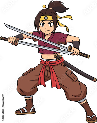 Dynamic anime warrior with twin swords in action pose, powerful character design, fantasy hero illustration, dramatic battle concept, vibrant art