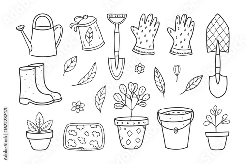 Garden Tools Monochrome Illustration: A delightful monochrome illustration showcases a variety of essential gardening tools and equipment, perfect for any horticultural enthusiast.