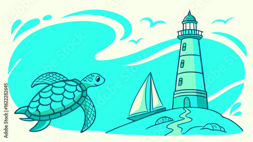 Sea turtle sailing boat and lighthouse coastal scene vector illustration summer vacation travel destination design