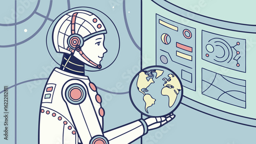Futuristic astronaut holding earth globe in space station exploring science and technology concept art