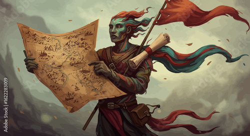 Fantasy warrior with map and banner on an epic quest in a stylized world