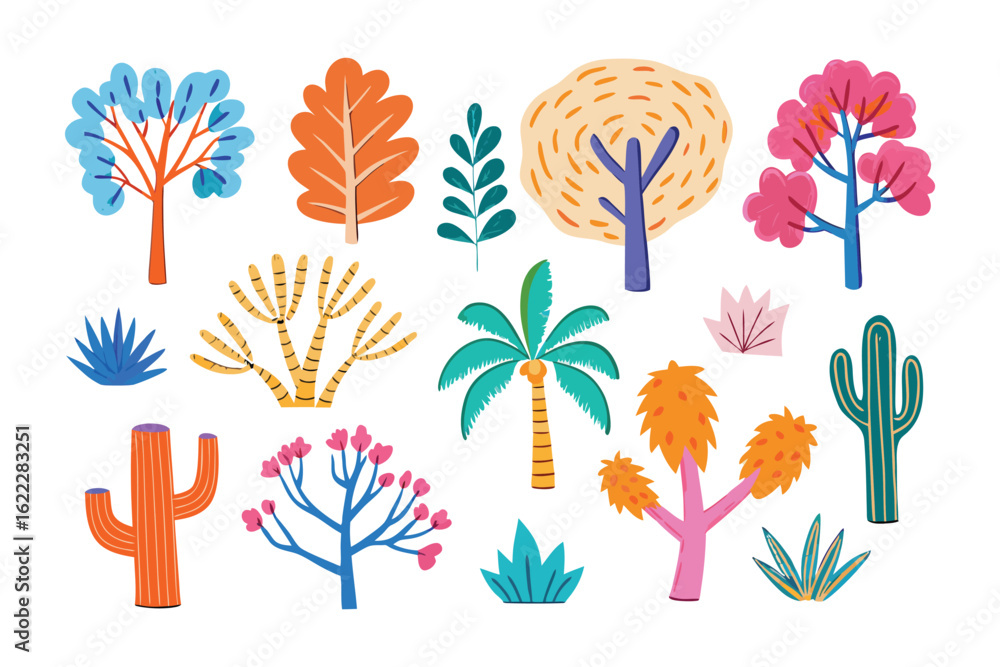 Obraz premium Vibrant Flora: A delightful collection of stylized trees and plants bursts with vivid colors and unique shapes, offering a fresh perspective on natural elements.