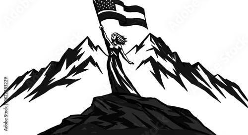 Illustration of Patriotism: Woman Holding American Flag atop Mountain Range