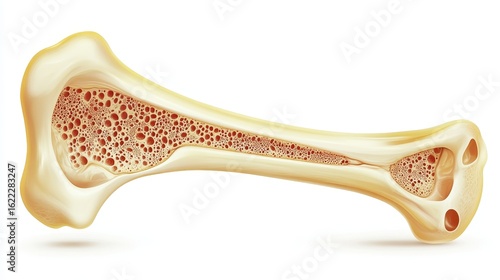Cross section of the end of a human leg bone with bone marrow, realistic scientific illustration style, on a white background