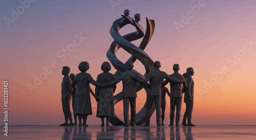 Sculptures of figures holding hands surround a DNA structure at sunset