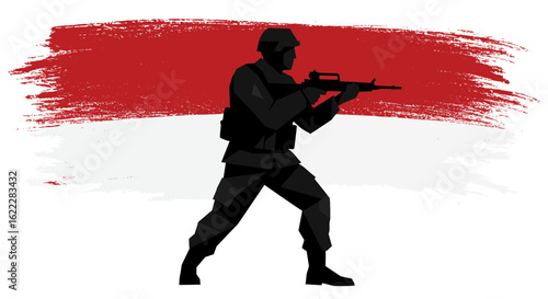 A Powerful Silhouette: Soldier Standing Guard Before the Indonesian Flag Backdrop