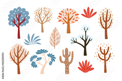 Diverse Tree Collection: A charming collection of stylized trees and plant illustrations showcases a variety of tree shapes, leaf structures, and seasonal changes, perfect for nature-themed designs.