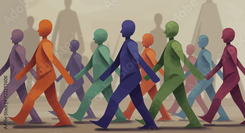 Stylized Crowd Illustration: Diverse Figures Walking Together in Unity and Purpose