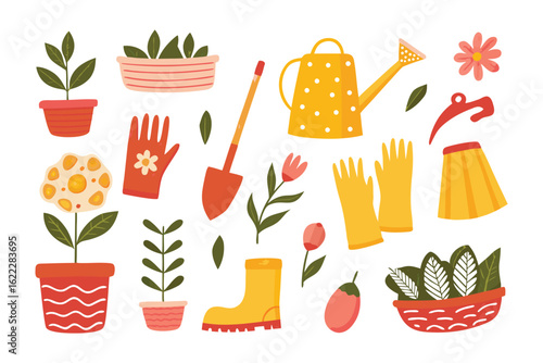 Garden Tools: A vibrant collection of gardening essentials, each meticulously illustrated to depict the tools used to plant, cultivate, and enjoy nature's blooms.