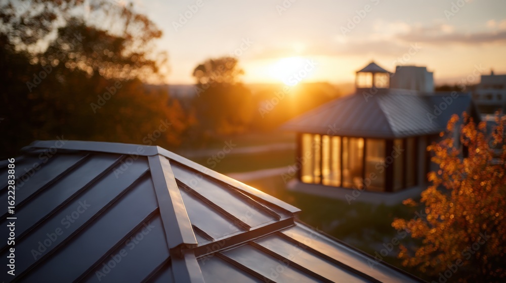 Fototapeta premium Sunlight glimmers over modern architecture in the evening sky at a serene outdoor location
