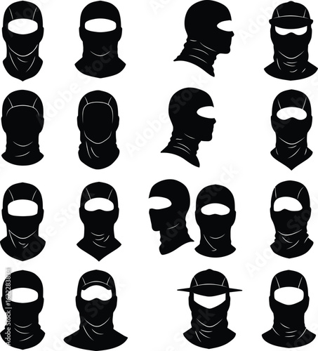 Black Balaclava and Bag Silhouettes: Comprehensive Vector Icons of Face Covers and Various Bags, Ideal for Outdoor, Security, Fashion, and Travel-Related Design Projects.