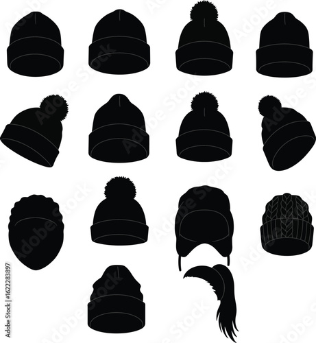 Silhouettes of Various Winter Hats & Beanies: A Collection of Black Icons for Cold Weather Apparel, Headwear, and Fashion Accessories, Including Pom-Pom, Knit, and Earflap Styles, Perfect for Design.