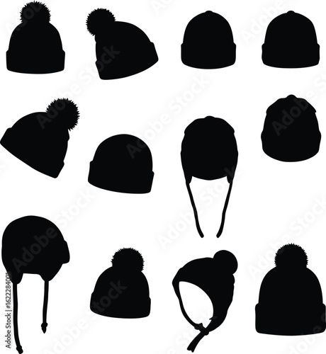 A collection of various vector black and white winter hat silhouettes, including beanies with pom-poms, trapper hats, and simple knit hats, for your cold-weather projects.