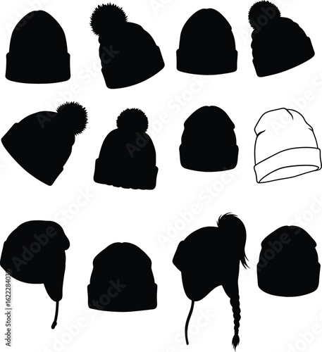 Cozy Winter Hat Silhouettes: A Diverse Set of Beanies, Pom-Pom Hats, and Earflap Styles for Cold Weather Fashion and Outdoor Apparel Designs.