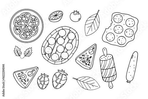 Culinary Sketches: Hand-drawn sketches of various food items, offering a charming and detailed illustration of diverse ingredients and prepared dishes. 