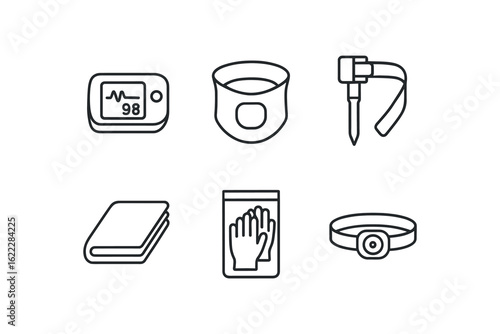simple straight perfect outline stroke icon items monoline icons style isolated on white background paramedic pulse oximeter paramedic cervical collar paramedic tourniquet set paramedic