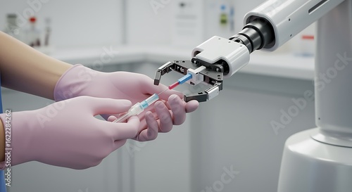 Advanced robotic arm precision assisting in sterile medical procedure with skilled human hands