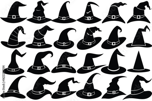 Collection of black witch hats with buckles for halloween