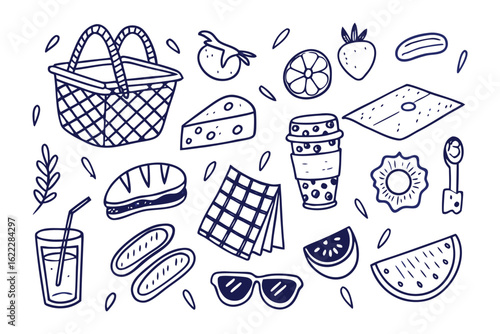 Picnic Essentials: A charming illustration presents various picnic items, including a basket, a tomato, an orange slice, a strawberry, pickles, cheese, a coffee cup, a cookie, a sandwich, a napkin.