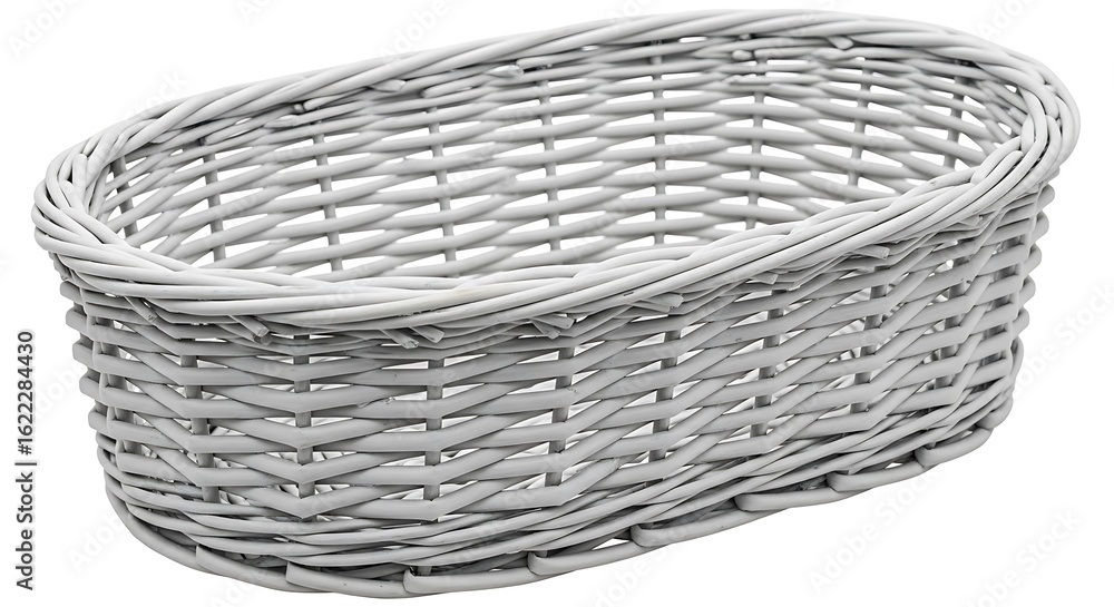 Obraz premium Oval woven wicker basket with a light gray finish isolated on a white background