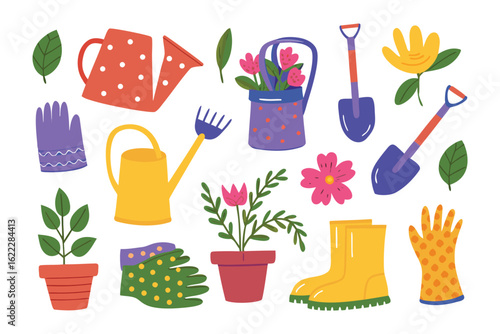 Gardening Tools Set: A vibrant assortment of gardening tools, each illustration a testament to the beauty and serenity of cultivating a garden.