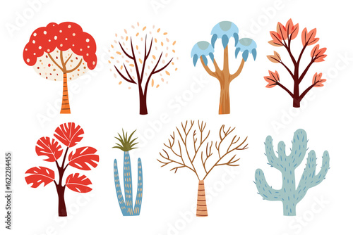 Diverse Trees Illustrations: A charming collection of diverse tree illustrations, each representing a unique species and style, evoking the beauty of nature with varied colors and forms.