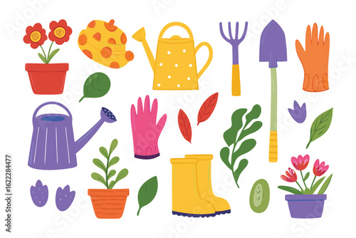 Garden Essentials: A delightful illustration showcases an array of essential gardening tools, embodying the joy of nurturing plants and cultivating a thriving garden.