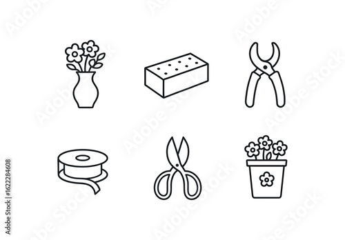 simple straight perfect outline stroke icon items monoline icons style isolated on white background florist bouquet vase florist floral foam brick florist stem stripper tool florist ribbon
