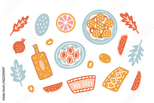 Delicious Culinary Composition: A visually appealing arrangement of various culinary elements including vegetable and fruit illustrations.