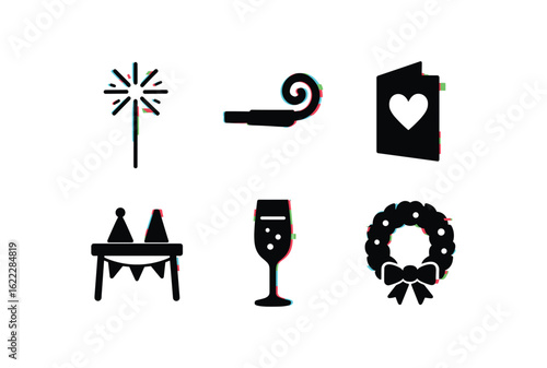 six different glitch effect illustration isolated on white backgorund celebration (party favors): sparkler candle party horn greeting card festive table champagne glass holiday wreath