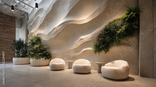 Modern lobby area features textured wall, plants, concrete floor, and cozy, round chairs