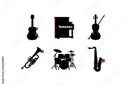 six different glitch effect illustration isolated on white backgorund music (instruments): guitar piano violin trumpet drum set saxophone