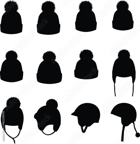 A collection of various winter hat silhouettes, including beanies with pom-poms, trapper hats, and ski helmets, presented as vector icons for cold-weather design.