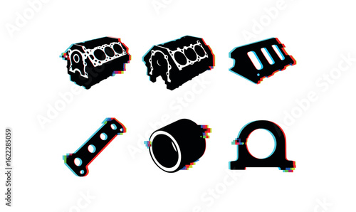 six different glitch effect illustration isolated on white backgorund long engine timing gear long engine connecting long engine oil pan long engine head gasket long engine flywheel long