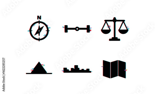 six different glitch effect illustration isolated on white backgorund Horizon compass guide Horizon sight level Horizon balance scale Horizon vanishing line Horizon skyline edge Horizon