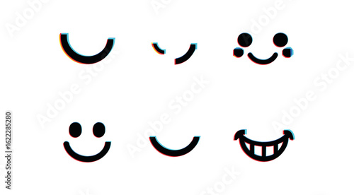 six different glitch effect illustration isolated on white backgorund Smile crescent arc Smile dimple mark Smile rosy cheeks Smile happy grin Smile mouth curve Smile grin shadow