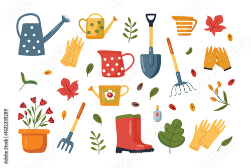 Garden Essentials: A vibrant collection of gardening tools and accessories. Featuring a variety of items such as watering cans, gloves, pots, shovel, rake, boots.