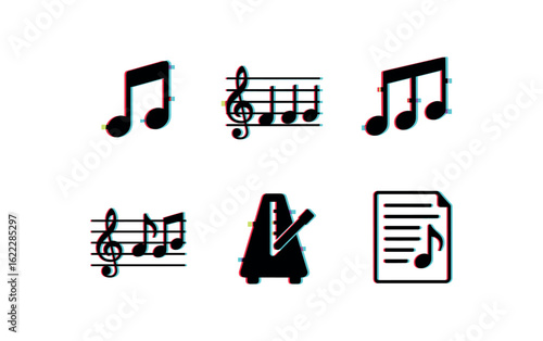 six different glitch effect illustration isolated on white backgorund music note music staff music chord progression music melody line music tempo marker music lyric sheet