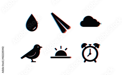 six different glitch effect illustration isolated on white backgorund morning dew drop morning sunlight beam morning mist veil morning chirping chorus morning horizon glow morning alarm