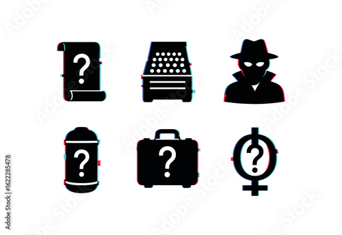 six different glitch effect illustration isolated on white backgorund mystery riddle scroll mystery enigma machine mystery masked figure mystery time capsule mystery unsolved case mystery