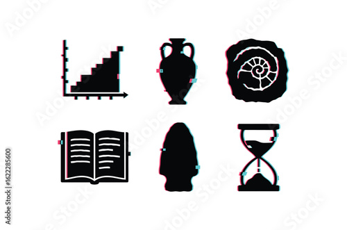 six different glitch effect illustration isolated on white backgorund past timeline chart past relic artifact past fossil imprint past chronicle manuscript past era marker past time wedge