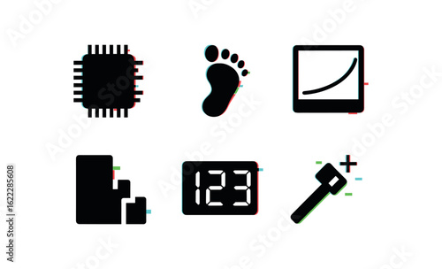 six different glitch effect illustration isolated on white backgorund memory cache controller memory footprint analyzer memory retention curve memory defragmenter tool memory byte memory